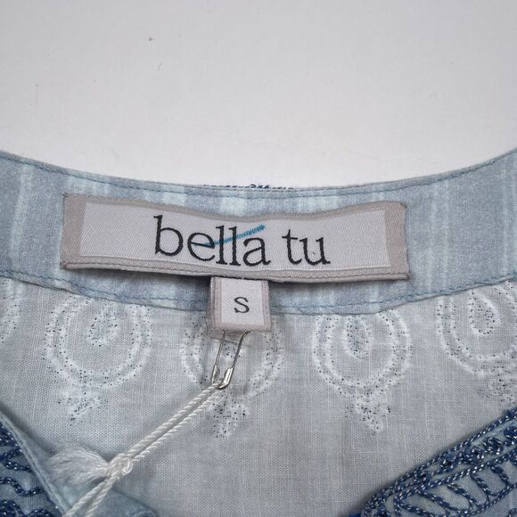 Bella Tu Dress Size Small Blue Tassels 3/4 Sleeves Resort Vacation Shift Coastal - Picture 6 of 9